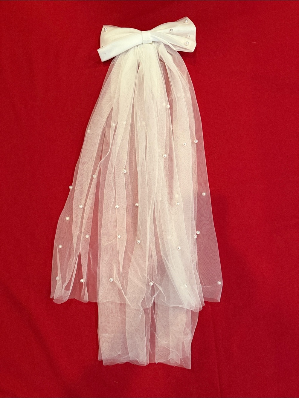 White Tulle Bridal mini hair veil with bow and pearls